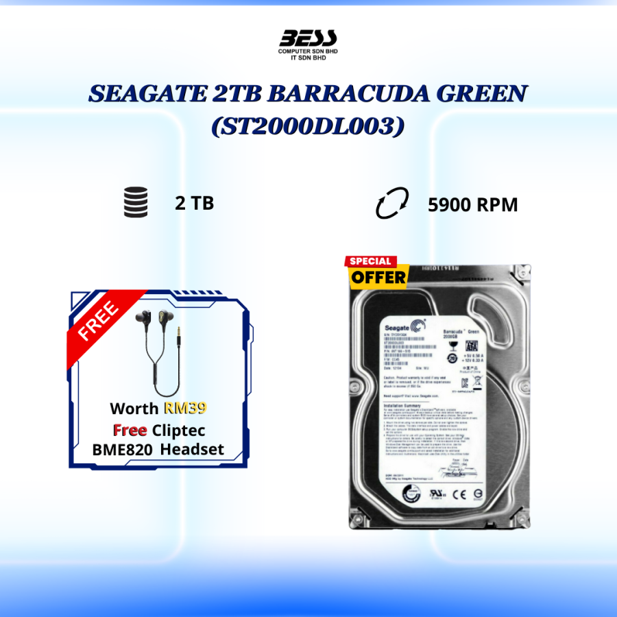 SEAGATE 2TB BARRACUDA GREEN HDD