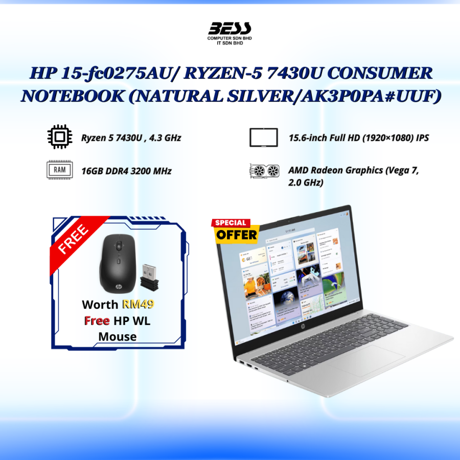 [PRE-ORDER] HP 15-fc0275AU/ RYZEN-5 7430U CONSUMER NOTEBOOK