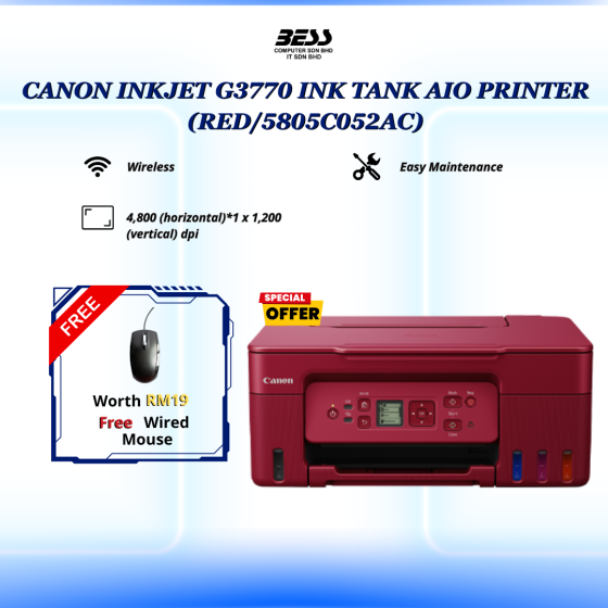 CANON INKJET G3770 INK TANK AIO PRINTER (BLACK/WHITE/RED)