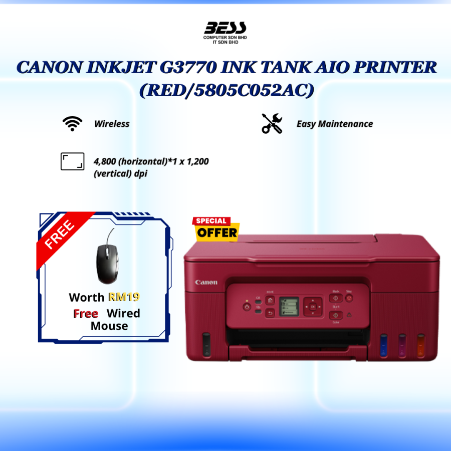 CANON INKJET G3770 INK TANK AIO PRINTER (BLACK/WHITE/RED)