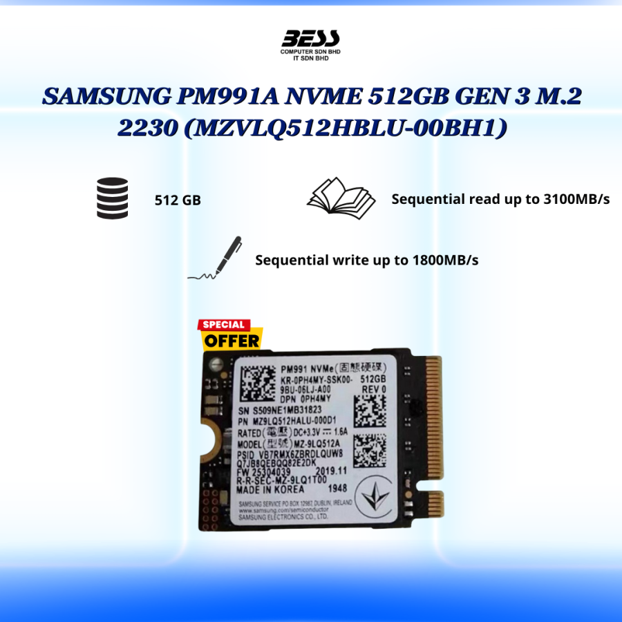 SAMSUNG PM991A NVME 512GB GEN 3 M.2 2230 SSD