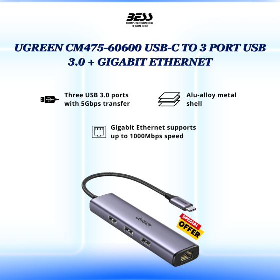 UGREEN CM475-60600 USB-C TO 3 PORT USB 3.0 + GIGABIT ETHERNET