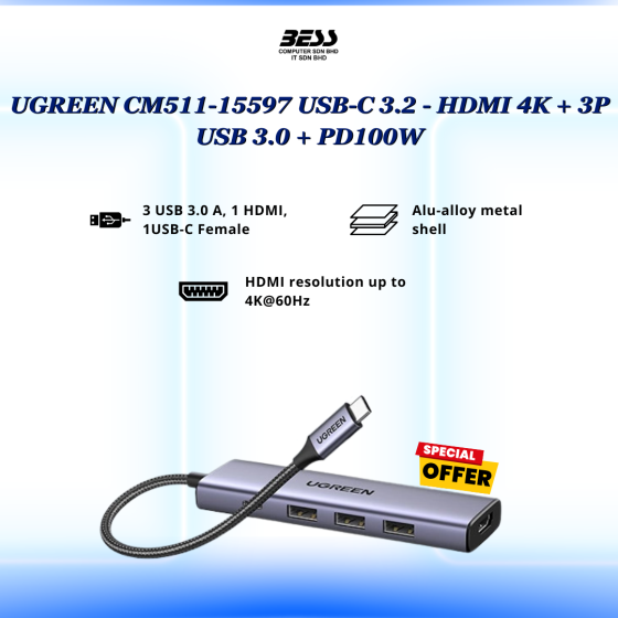 UGREEN CM511-15597 USB-C 3.2 - HDMI 4K + 3P USB 3.0 + PD100W