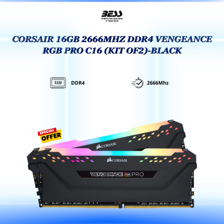 CORSAIR 16GB 2666MHZ DDR4 VENGEANCE RGB PRO C16 (KIT OF 2 ) BLACK