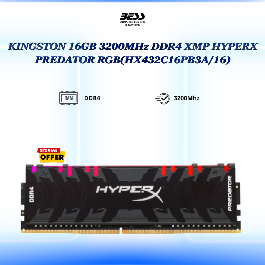 KINGSTON 16GB 3200MHZ DDR4 XMP HYPERX PREDATOR RGB (HX432C16PB3A/16) KINGSTON 16GB 3200MHZ DDR4 XMP HYPERX PREDATOR RGB (HX432C16PB3A/16)