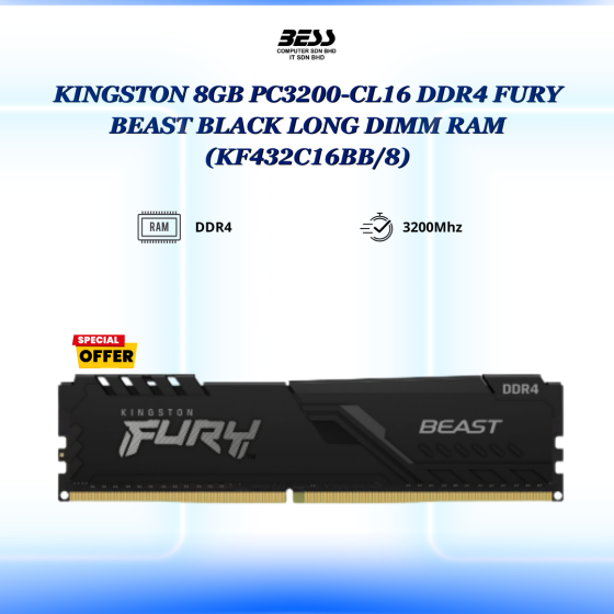 KINGSTON 8GB PC3200-CL16 DDR4 FURY BEAST BLACK/RGB LONG DIMM RAM