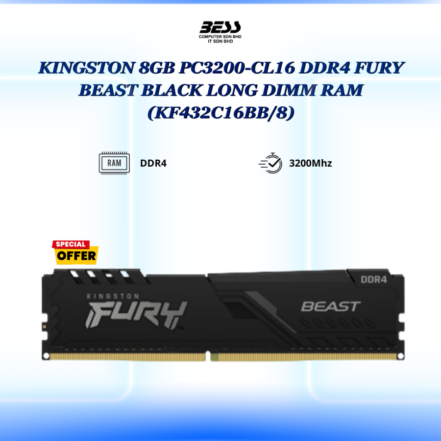 KINGSTON 8GB PC3200-CL16 DDR4 FURY BEAST BLACK/RGB LONG DIMM RAM KINGSTON 8GB PC3200-CL16 DDR4 FURY BEAST BLACK/RGB LONG DIMM RAM