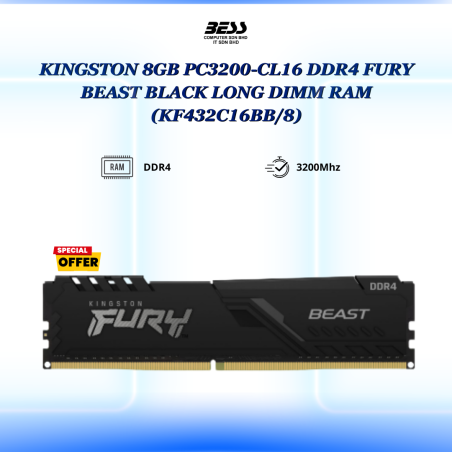 KINGSTON 8GB PC3200-CL16 DDR4 FURY BEAST BLACK/RGB LONG DIMM RAM