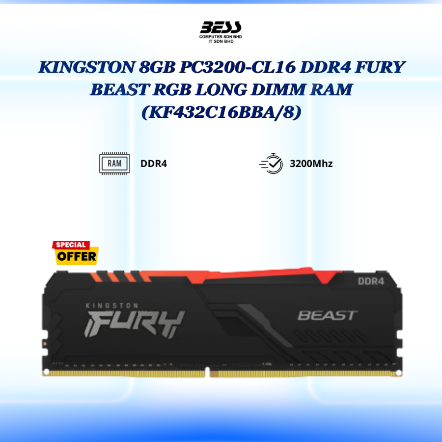 KINGSTON 8GB PC3200-CL16 DDR4 FURY BEAST BLACK/RGB LONG DIMM RAM
