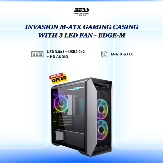 INVASION M-ATX GAMING CASING WITH 3 LED FAN - EDGE-M
