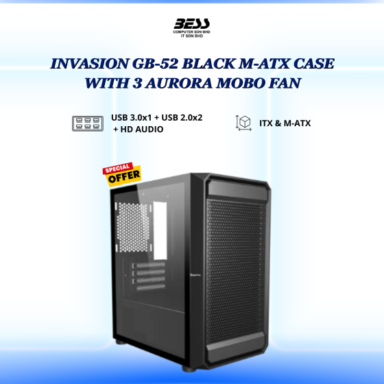 INVASION GB-52 BLACK M-ATX CASE WITH 3 AURORA MOBO FAN