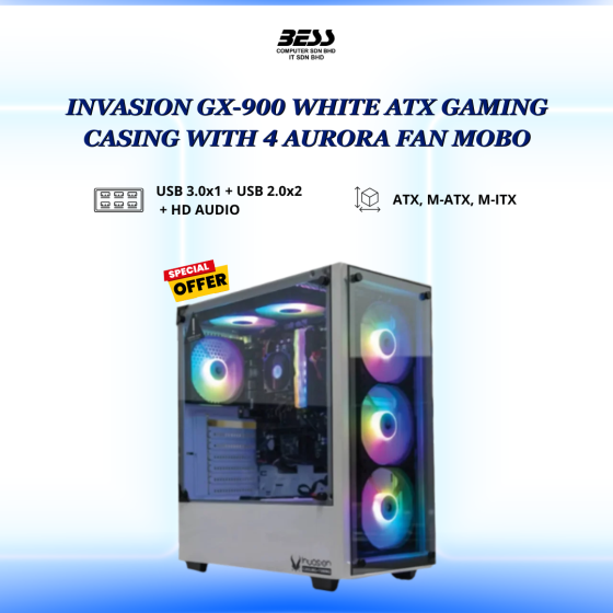 INVASION GX-900 WHITE ATX GAMING CASING WITH 4 AURORA FAN MOBO