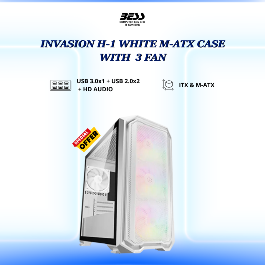 INVASION H-1 BLACK/WHITE M-ATX CASING WITH 12CMx1 + 14CMx2 FANS