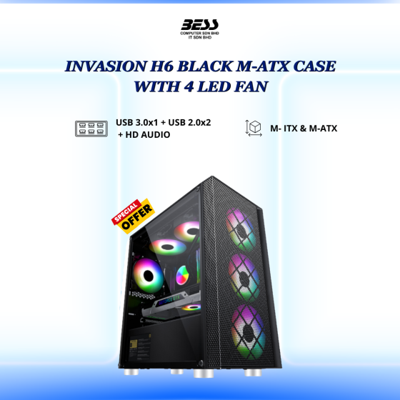 INVASION H6 BLACK/WHITE M-ATX CASE C/W 4 LED FAN