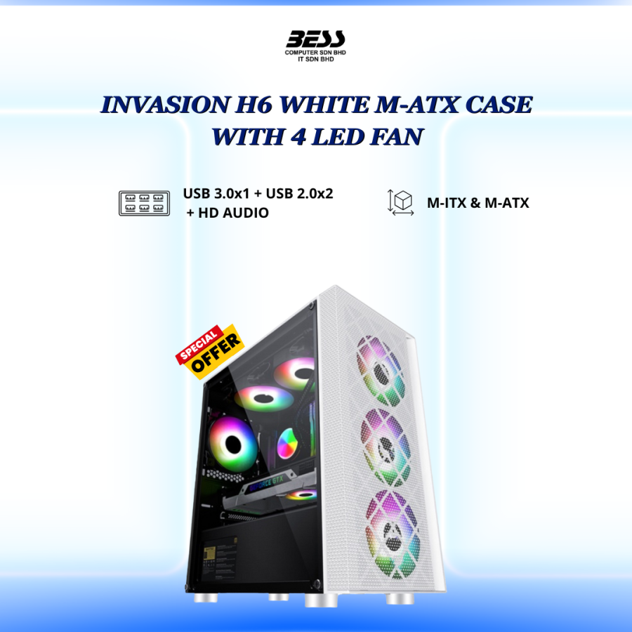 INVASION H6 BLACK/WHITE M-ATX CASE WITH 4 LED FAN