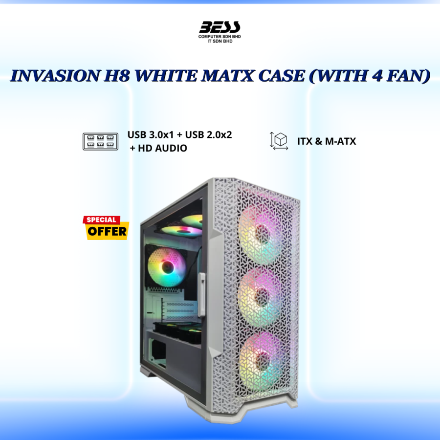 INVASION H8 BLACK/WHITE M-ATX CASE WITH 4 LED FAN