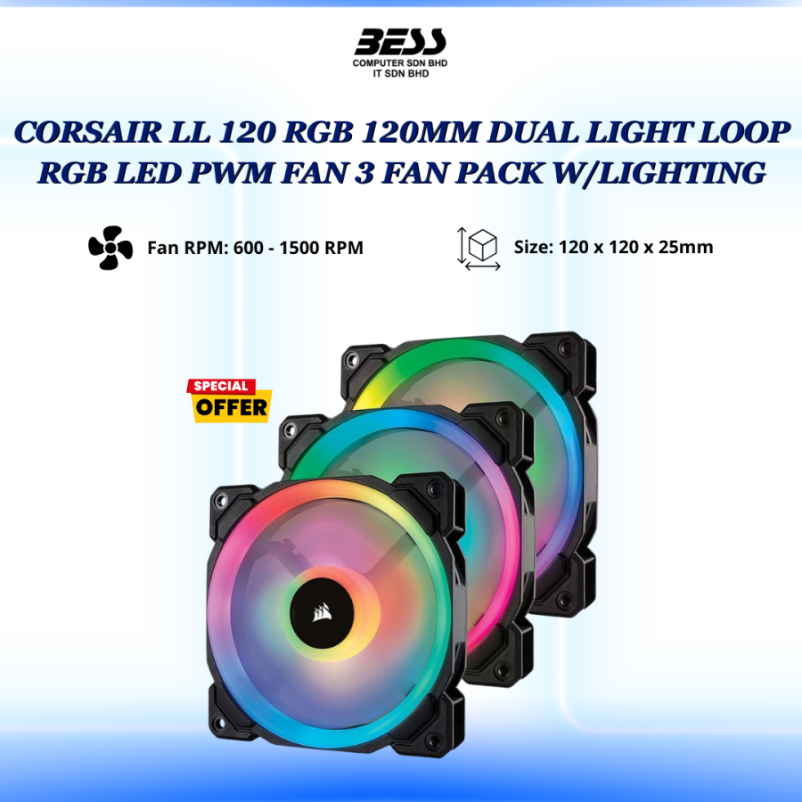 CORSAIR LL 120 RGB 120MM DUAL LIGHT LOOP RGB LED PWM FAN 3 FAN PACK W/LIGHTING
