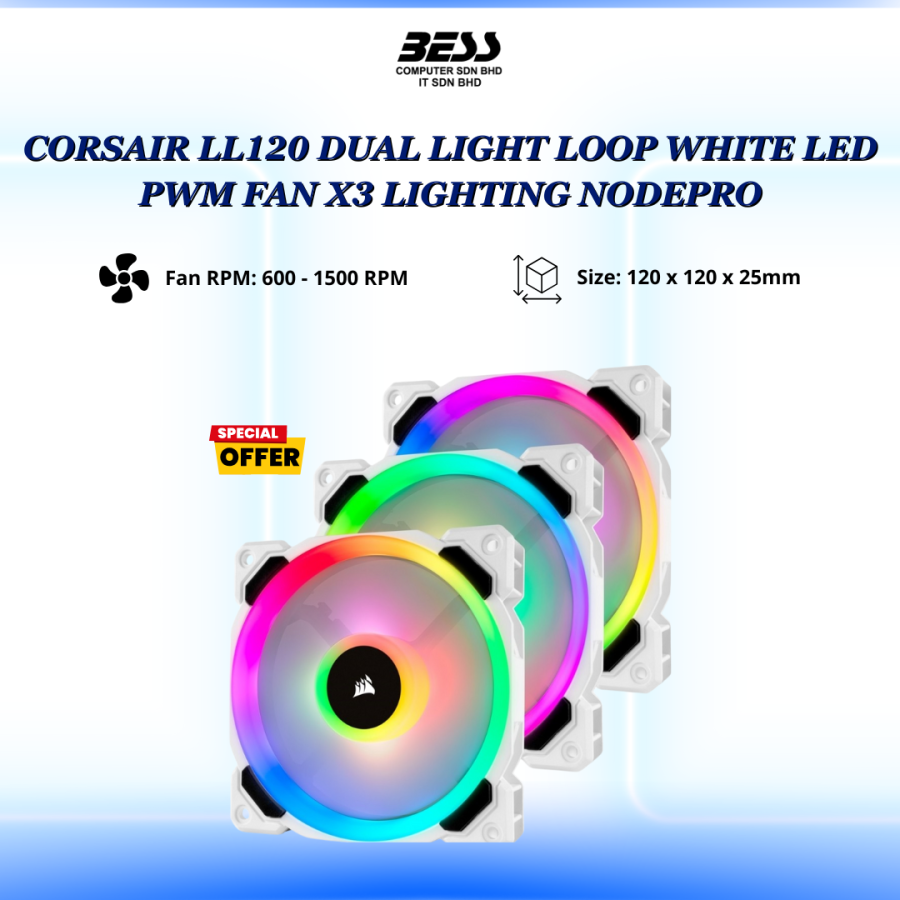 CORSAIR LL120 DUAL LIGHT LOOP WHITE LED PWM FAN X3 LIGHTING NODEPRO
