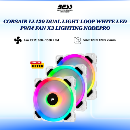 CORSAIR LL120 DUAL LIGHT LOOP WHITE LED PWM FAN X3 LIGHTING NODEPRO