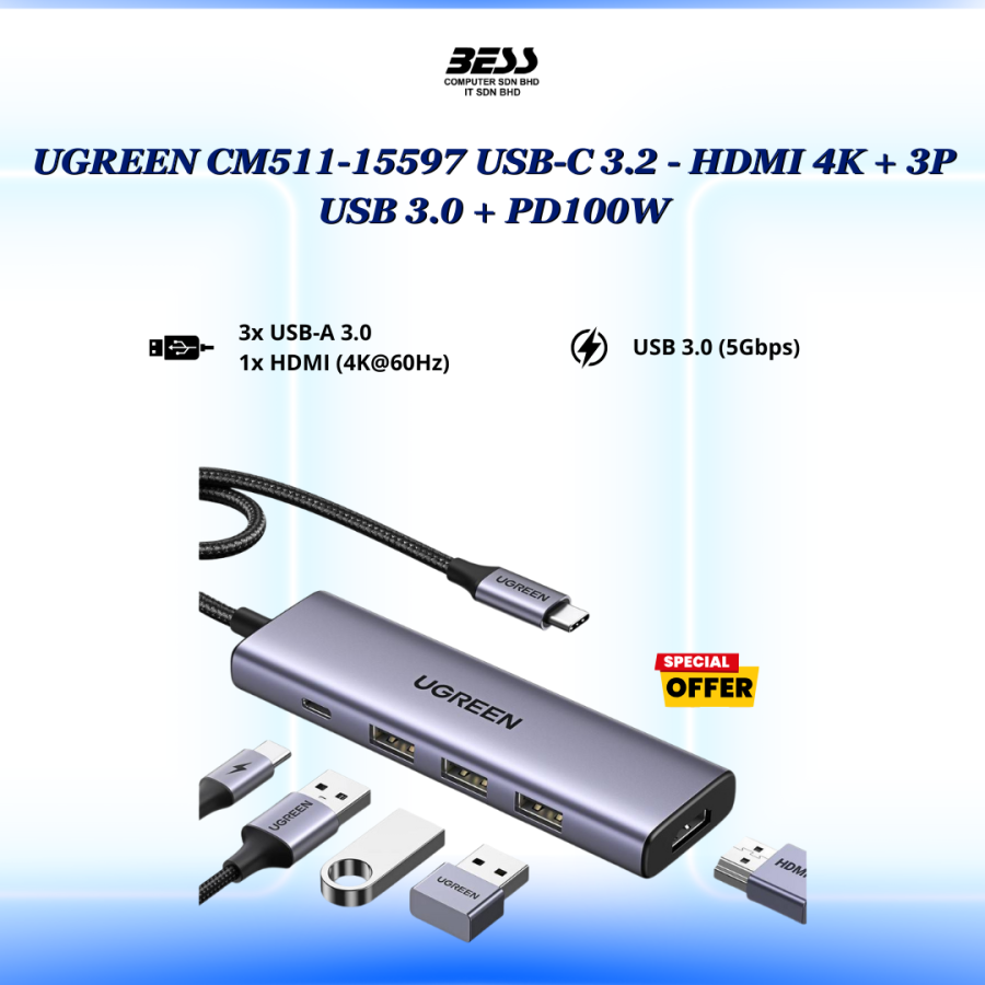 UGREEN CM511-15597 USB-C 3.2 - HDMI 4K + 3P USB 3.0 + PD100W