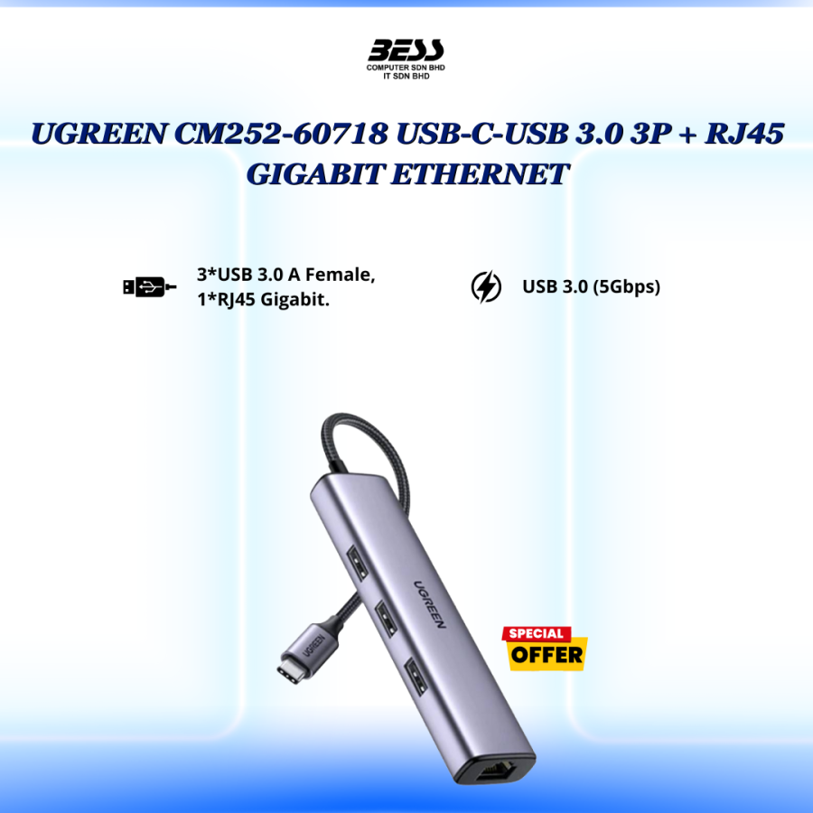 UGREEN CM252-60718 USB- C - USB 3.0 3P  + RJ45 GIGABIT ETHERNET