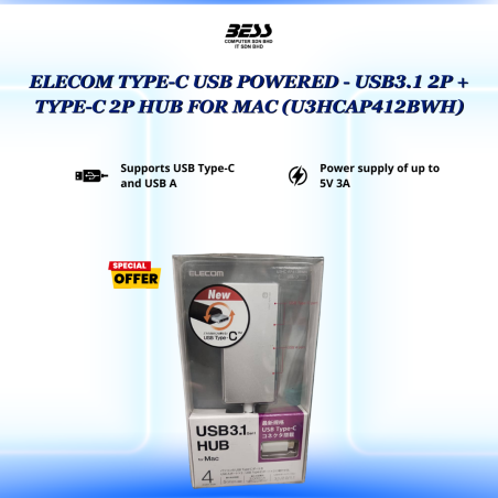 ELECOM TYPE-C USB POWERED - USB3.1 2P + TYPE-C 2P HUB FOR MAC