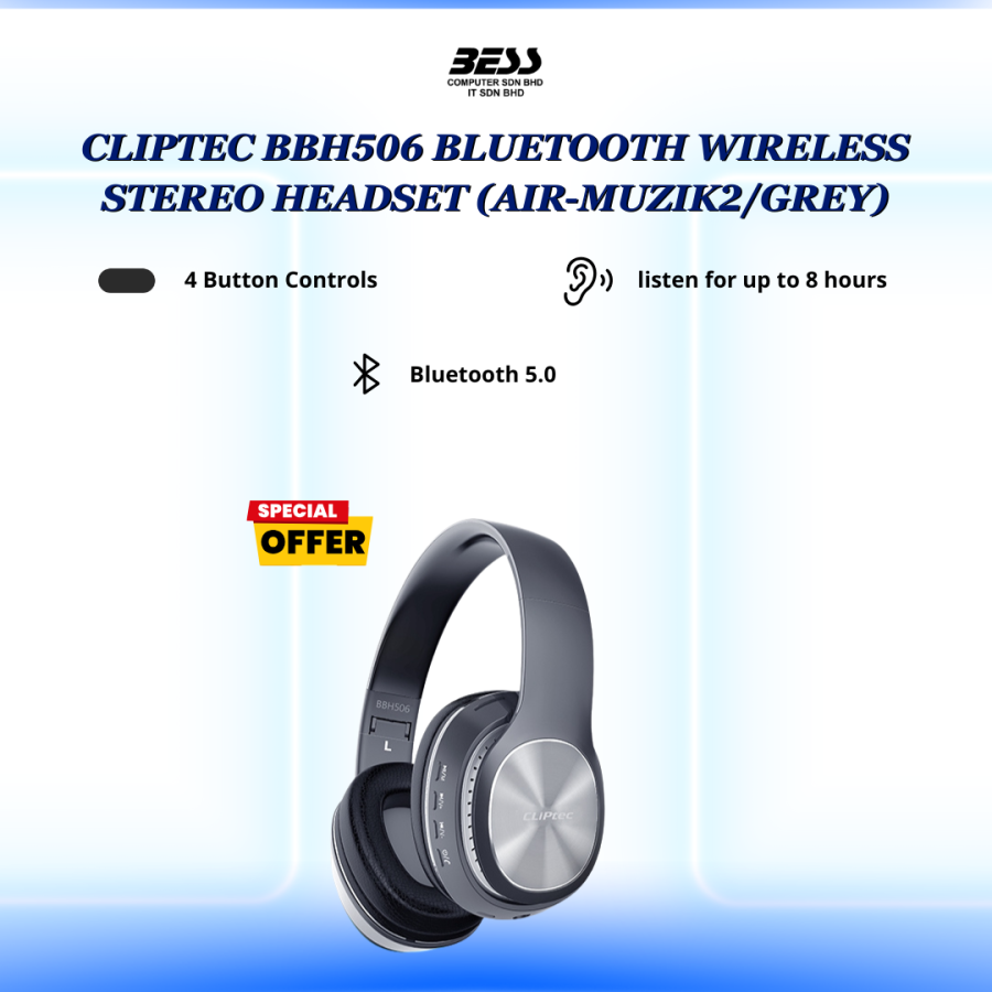 CLIPTEC BBH506 BLUETOOTH WIRELESS STEREO HEADSET (BLACK/GREY)