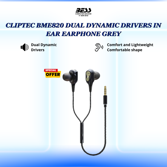 CLIPTEC BME820 DUAL DYNAMIC DRIVERS IN EAR EARPHONE (GREY/RED)