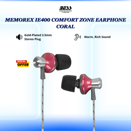 MEMOREX IE400 COMFORT ZONE EARPHONE (CORAL/SKY BLUE)