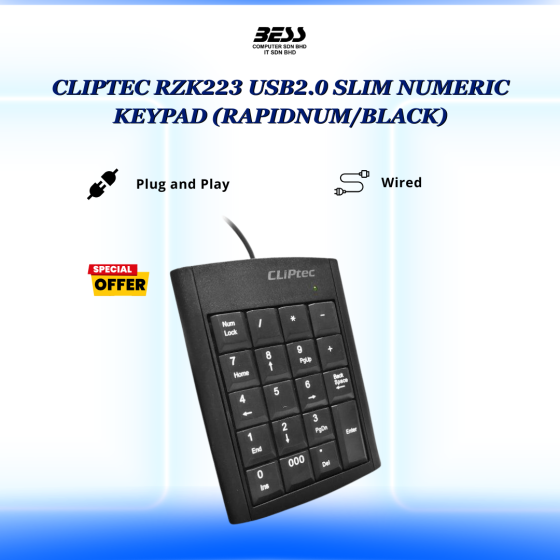 CLIPTEC RZK223 USB2.0 SLIM NUMERIC KEYPAD (RAPIDNUM/BLACK)