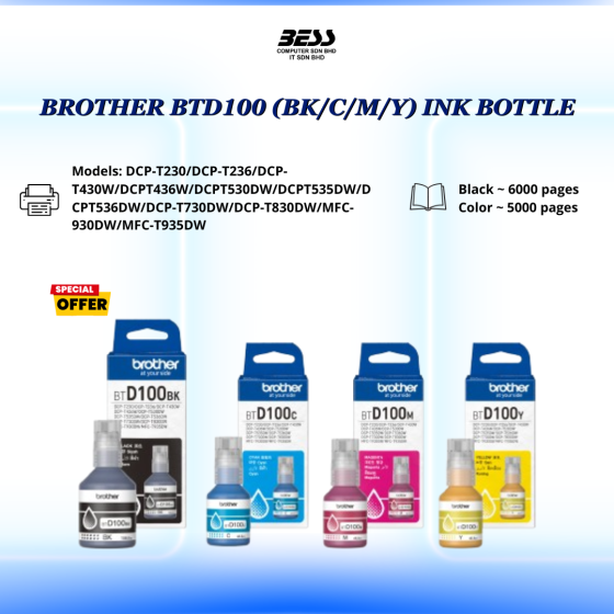 [PRE-ORDER] BROTHER BTD100 (BK/C/M/Y) INK BOTTLE