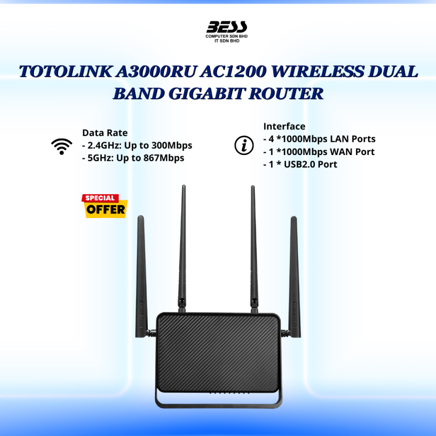 TOTOLINK A3000RU AC1200 WIRELESS DUAL BAND GIGABIT ROUTER