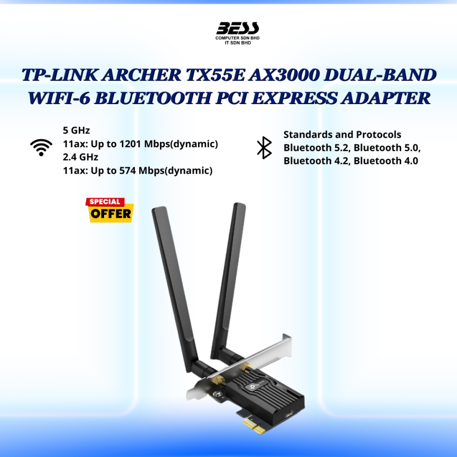 TP-LINK ARCHER TX55E AX3000 DUAL-BAND WIFI-6 BLUETOOTH PCI EXPRESS ADAPTER