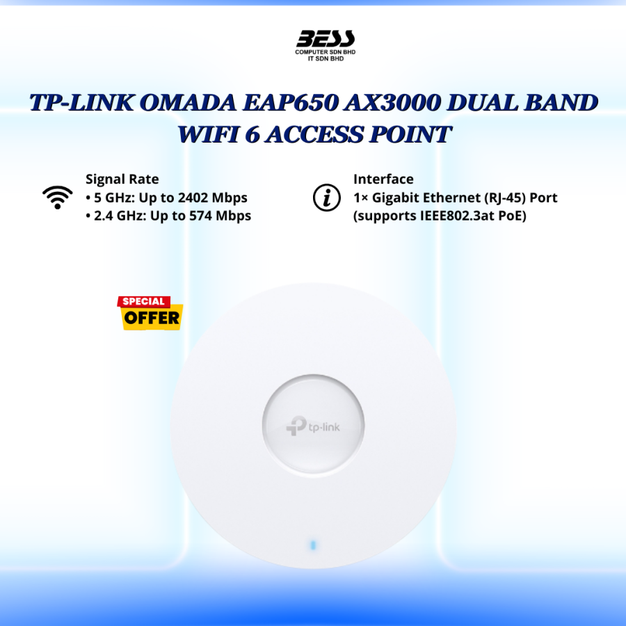 TP-LINK OMADA EAP650 AX3000 DUAL BAND WIFI 6 ACCESS POINT