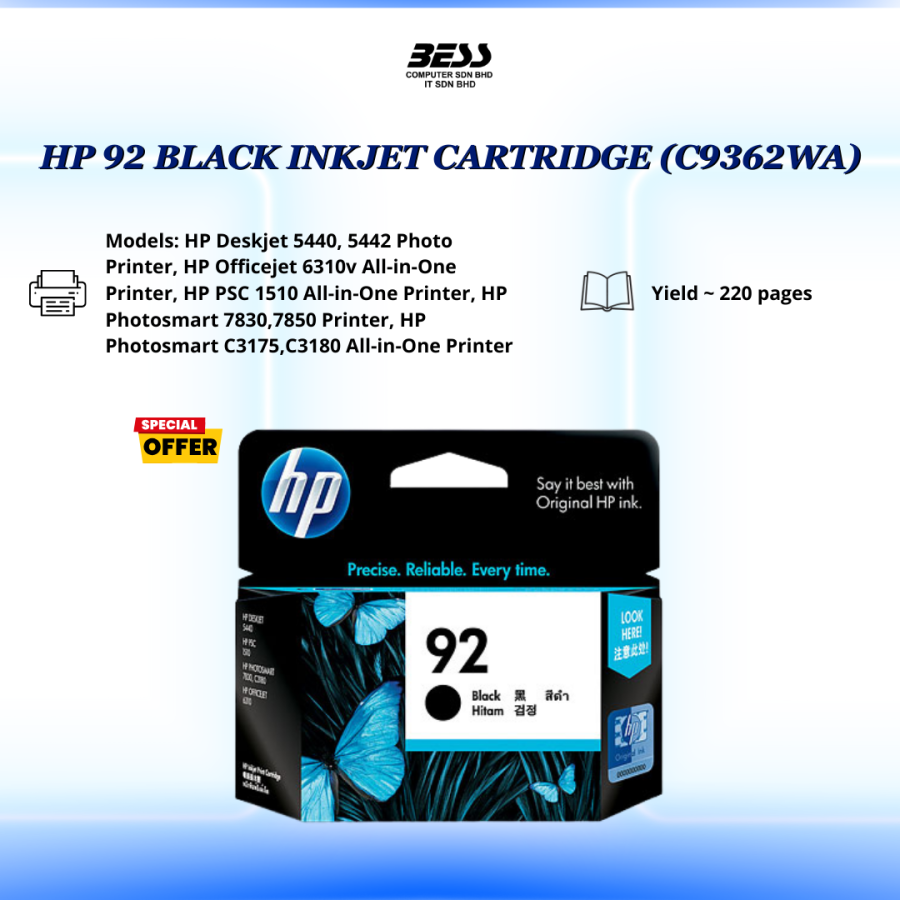 HP 92 BLACK INKJET CARTRIDGE (C9362WA)