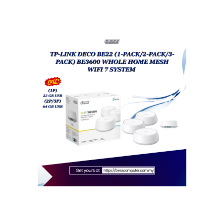 TP-LINK DECO BE22 (1-PACK/2-PACK/3-PACK) BE3600 WHOLE HOME MESH WIFI 7 SYSTEM